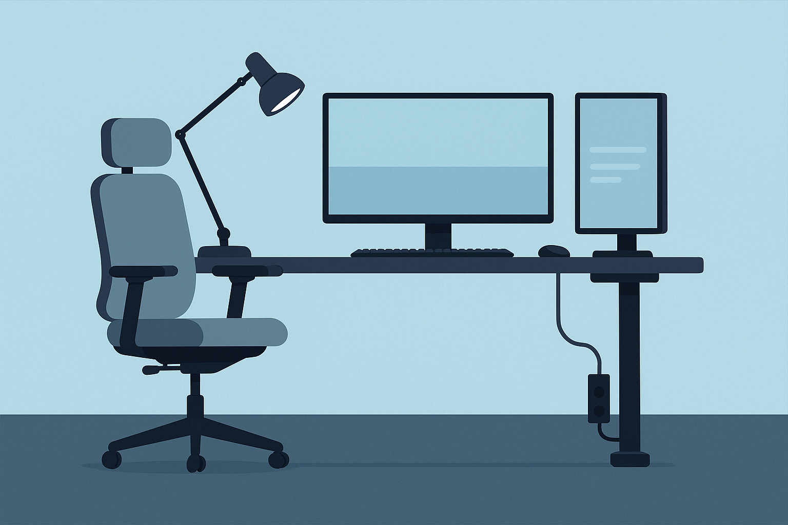 Workstation setup with monitors, keyboard, and accessories