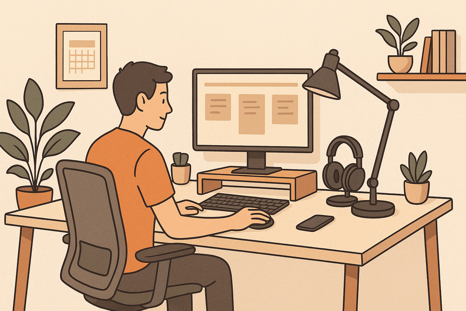 Clean dual-monitor workstation with ergonomic chair, desk and accessories